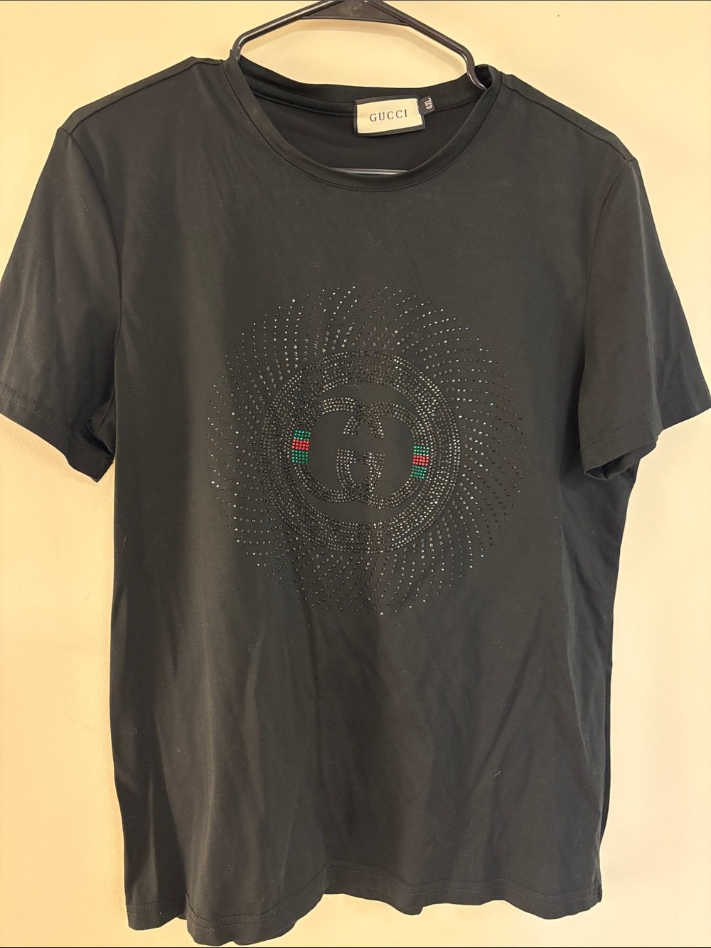 Woman’s medium faux Black Tee with Crystal-Stud Interlocking G and Web Strip